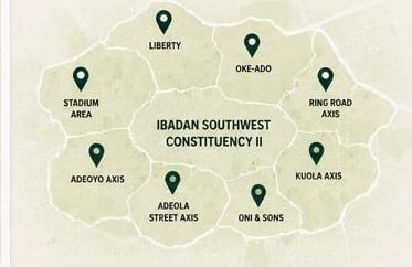 Map of Ibadan Southwest Constituency II showing location pins for Liberty, Oke-Ado, Ring Road, Kuola Axis, Oni and Sons, Angola Street, Adeoya, and Stadium Area