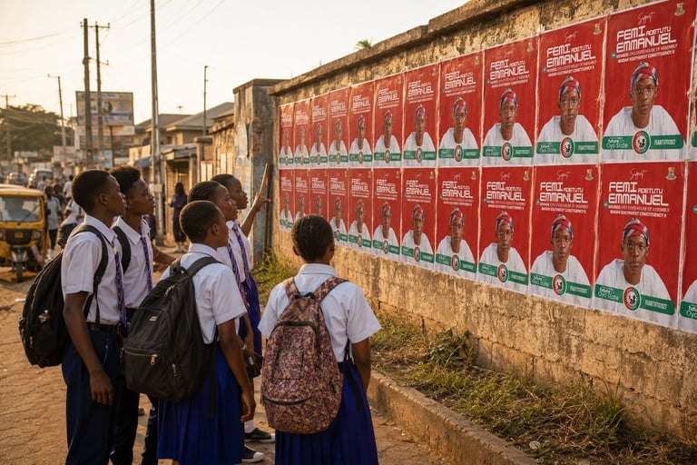 Students in school uniforms standing by a weathered wall covered with red political campaign posters featuring portraits and text.